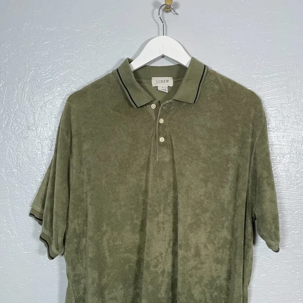 J Crew Men S Olive Green Terry Cloth Polo Shirt Short Sleeve Collared Preppy